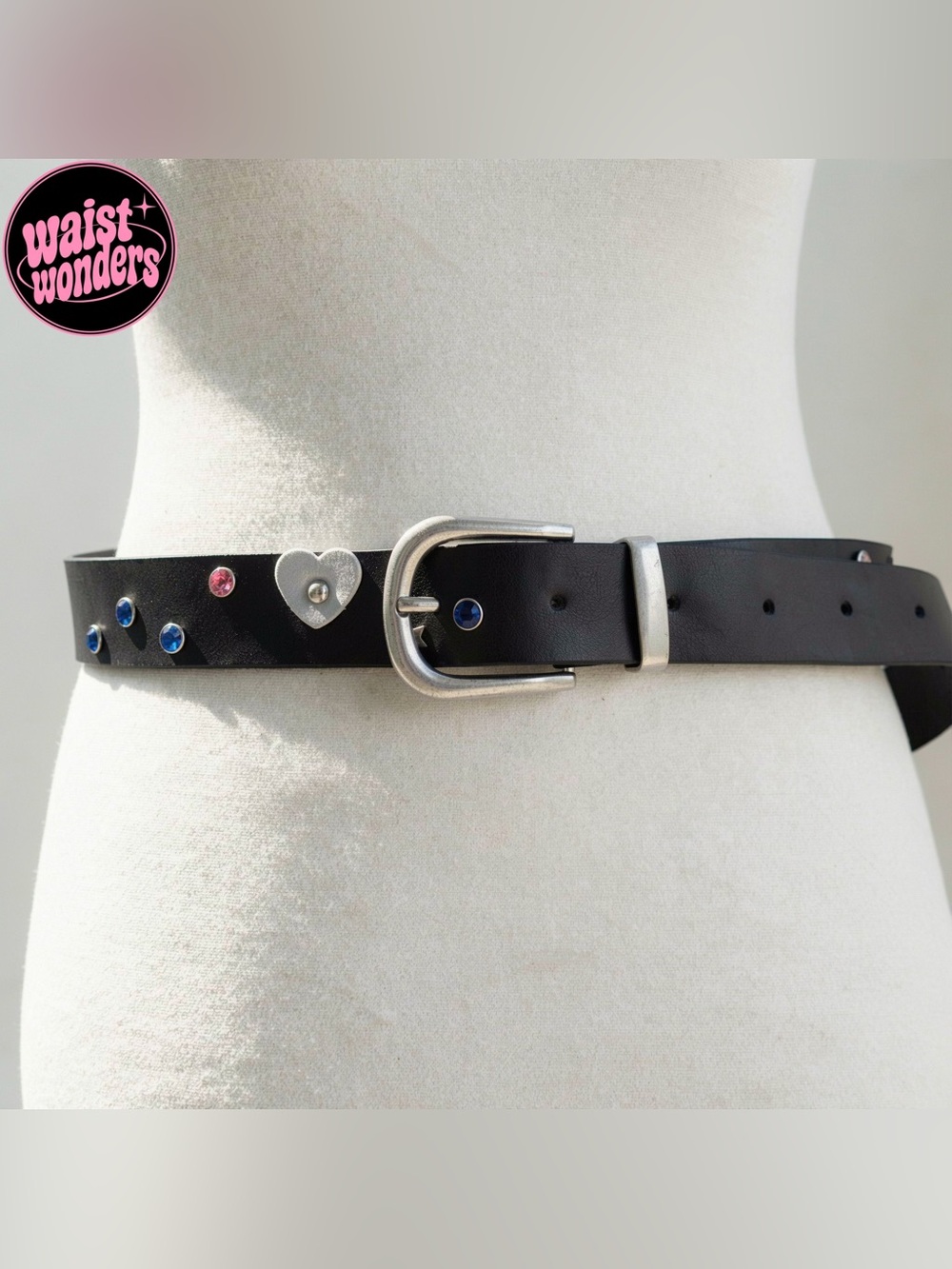 Y2K 2000s style Black leather belt with silver studs and heart buckle